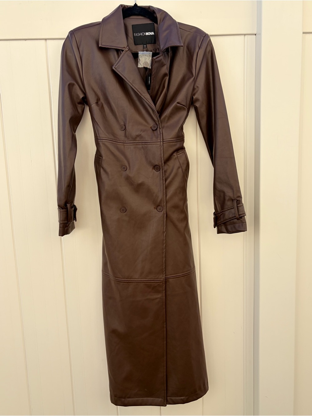 Fashion Nova Brown Faux Leather Double-Breasted Long Trench - Picture 4 of 8